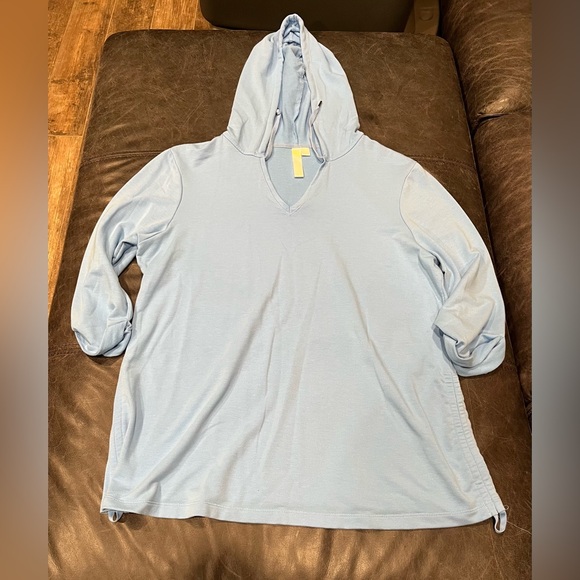 Green Tea Light Blue Side Cinch 3/4 Sleeve Hooded Top - Picture 1 of 4